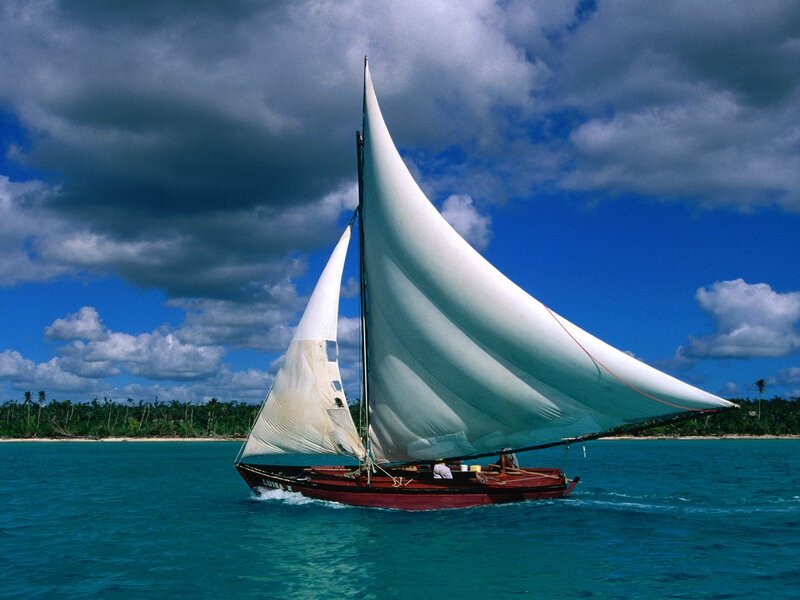 Sailboat on Turquoise Water — Blue, Dramatic, Afternoon
