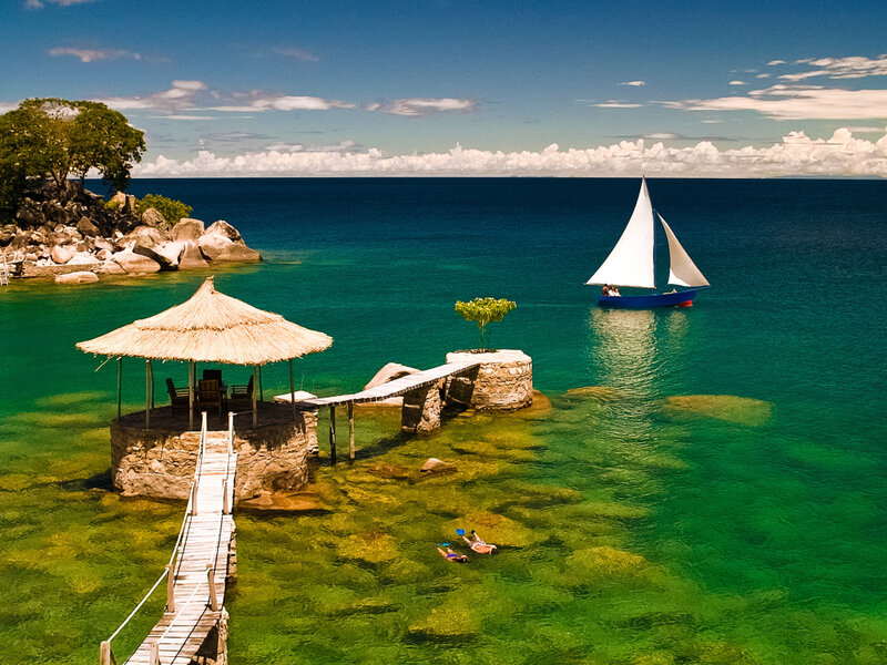 Sailboat on Turquoise Water — Blue, Serene