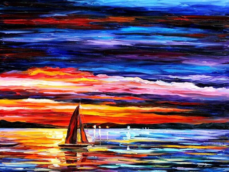 Sailboat on Water — Blue, Dramatic, Sunset, Painting