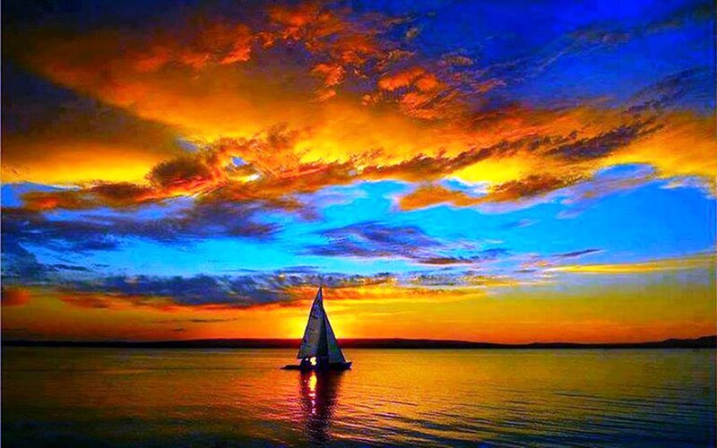 Sailboat on Water — Blue, Dramatic, Sunset, Photograph, Sky