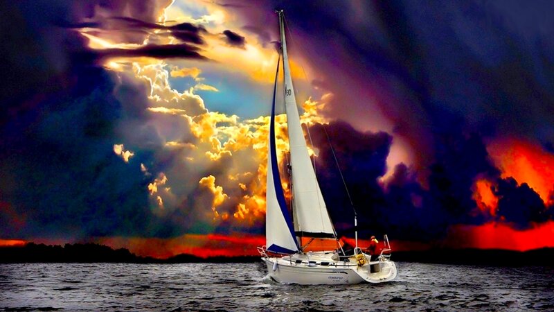 Sailboat on Water — Blue, Dramatic, Sunset, Photograph