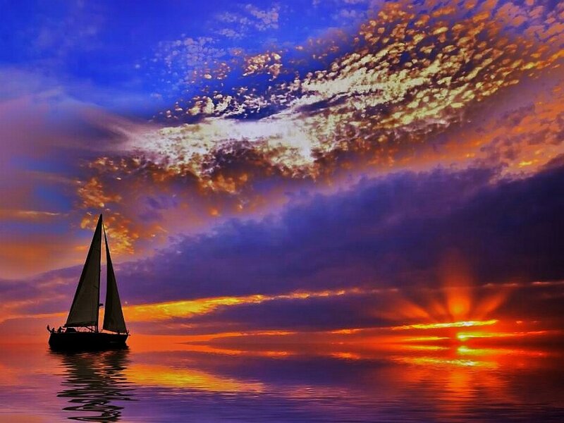 Sailboat on Water — Blue, Dramatic, Sunset