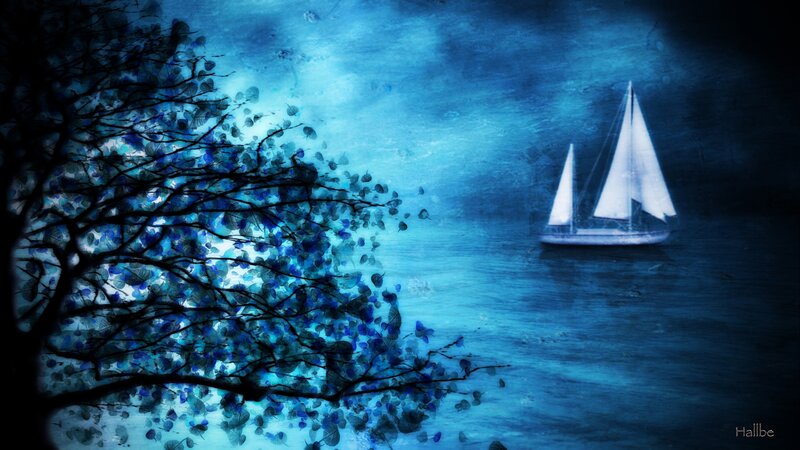 Sailboat on Water — Blue, Serene, Night, Digital Art
