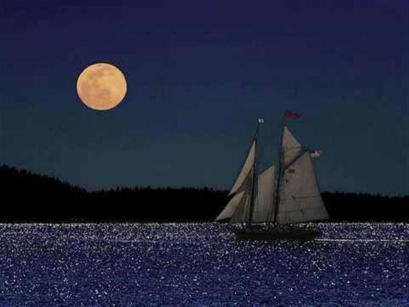 Sailboat on Water — Blue, Serene, Night