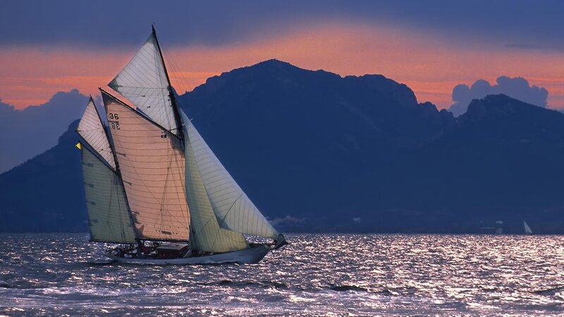 Sailboat on Water — Blue, Serene, Sunset, Photograph, Mountains, Sky