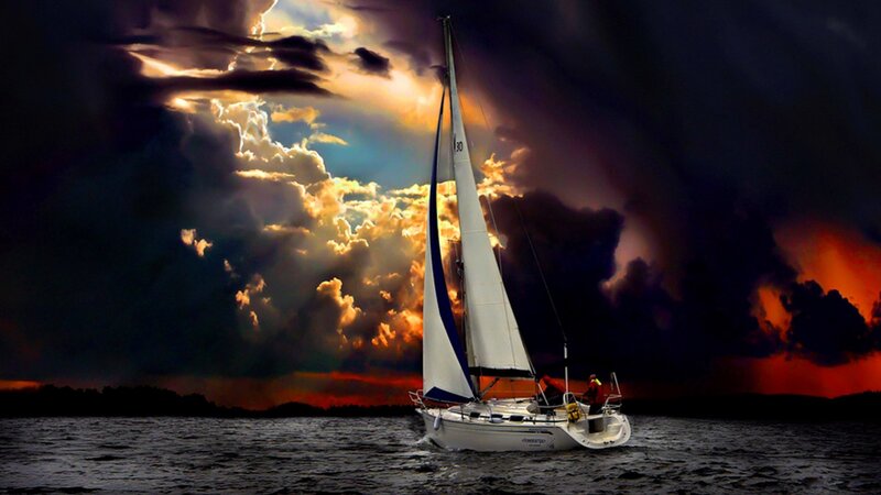 Sailboat on Water — Dark, Dramatic, Sunset, Photograph, Clouds