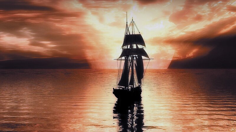 Sailboat on Water — Orange, Dramatic, Sunset, Digital Art