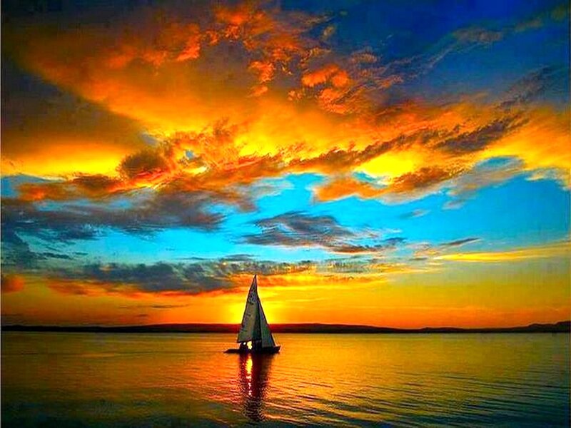 Sailboat on Water — Orange, Dramatic, Sunset, Photograph, Sky