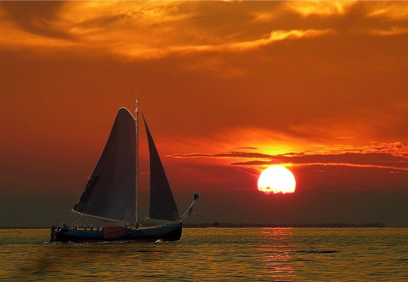 Sailboat on Water — Orange, Dramatic, Sunset, Photograph, Sun