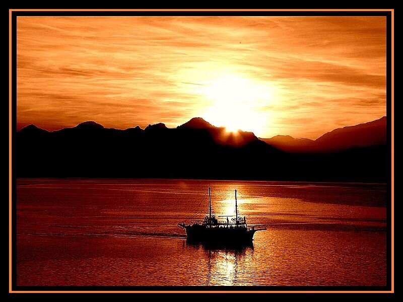 Sailboat on Water — Orange, Dramatic, Sunset, Photograph