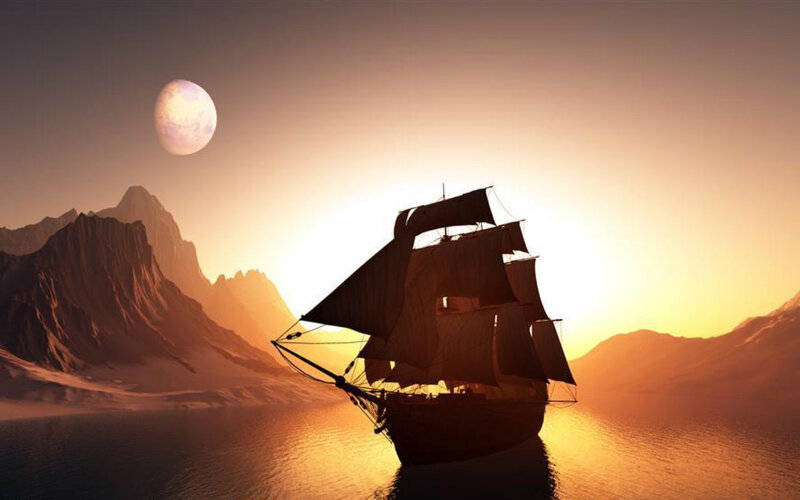Sailboat on Water — Orange, Serene, Sunset, 3d Render