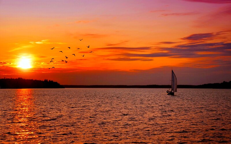 Sailboat on Water — Orange, Serene, Sunset, Photograph, Birds