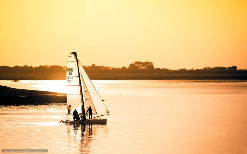 Sailboat on Water — Orange, Serene, Sunset, Photograph, People