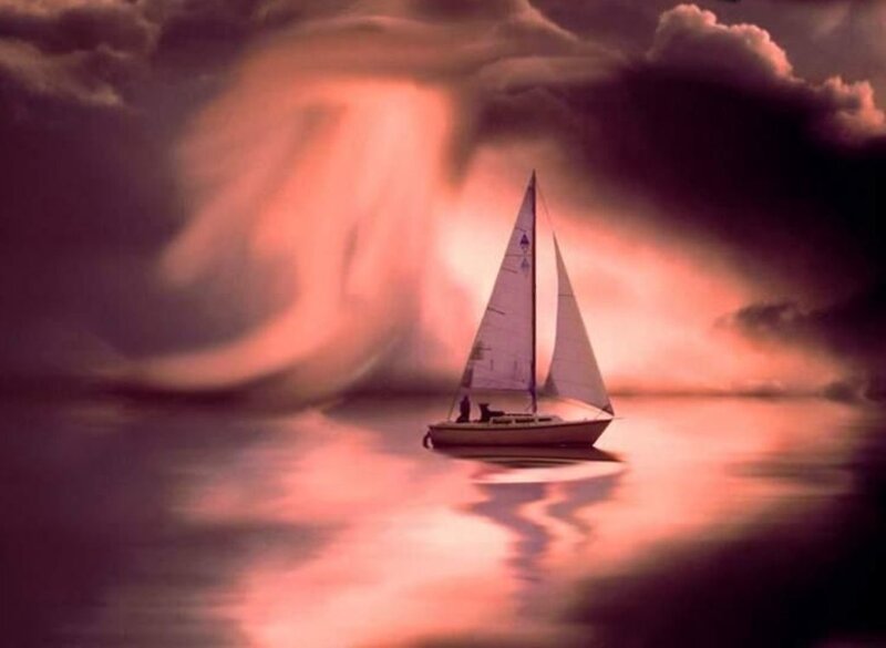 Sailboat on Water — Purple, Dramatic, Sunset, Digital Art