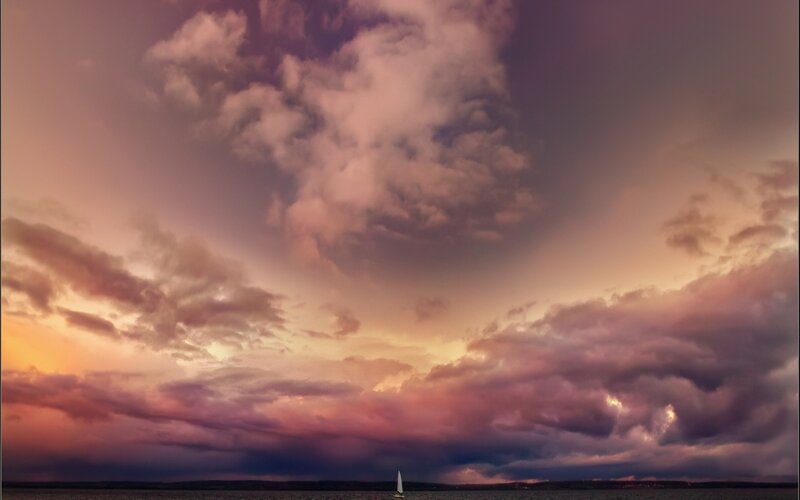 Sailboat on Water — Purple, Dramatic, Sunset, Photograph