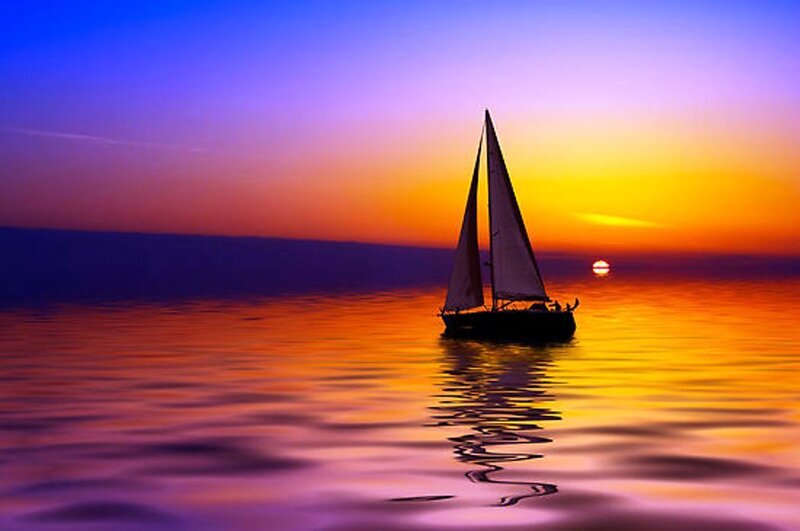 Sailboat on Water — Purple, Serene, Sunset