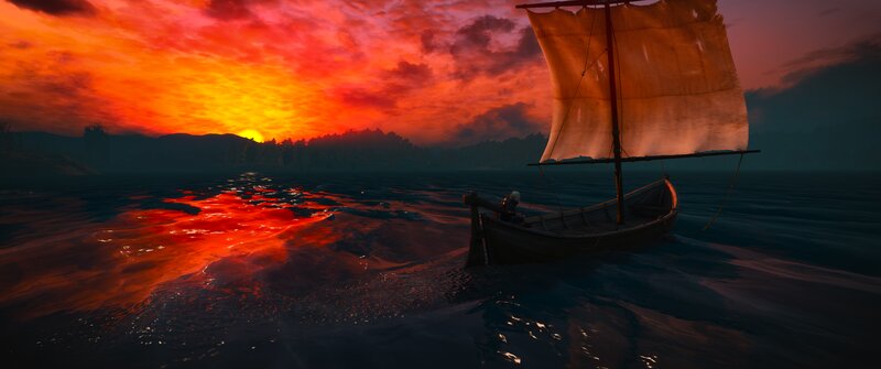 Sailboat on Water — Red, Dramatic, Sunset