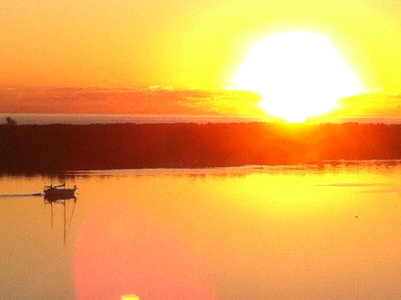 Sailboat on Water — Yellow, Serene, Sunset, Photograph, Sun, Sky