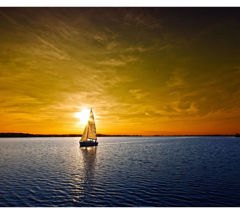 Sailboat on Water — Yellow, Serene, Sunset, Photograph, Sun