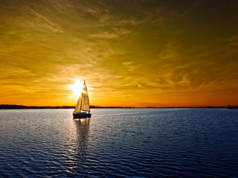 Sailboat on Water — Yellow, Serene, Sunset