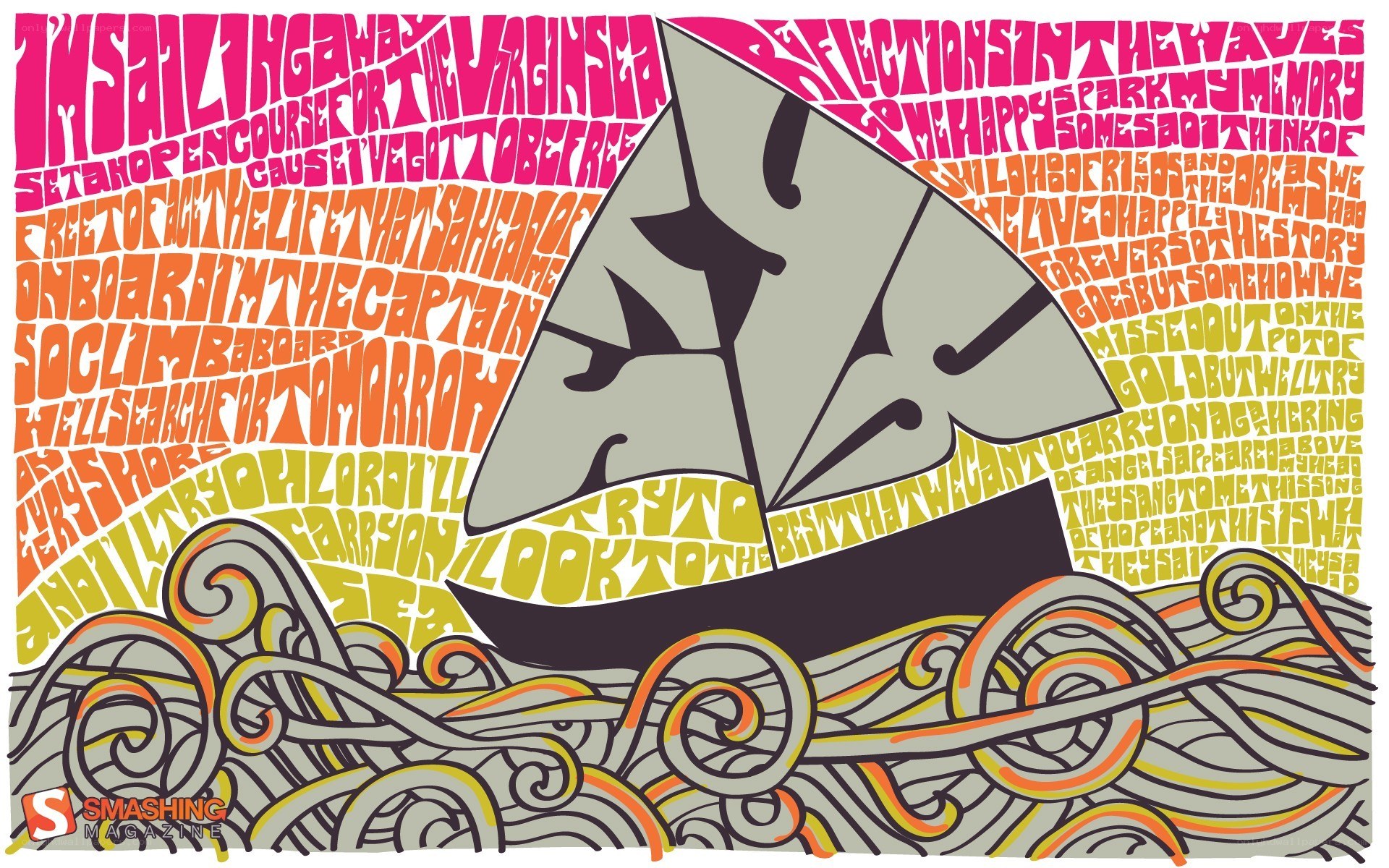 sailboat on waves with text art