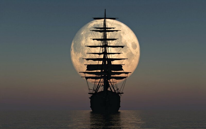 Sailboat Silhouette — Blue, Dramatic, Night, Digital Art