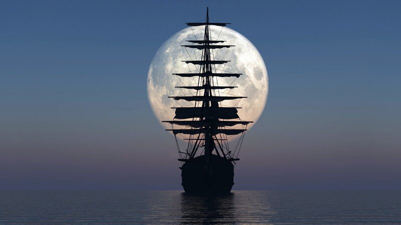 Sailboat Silhouette — Blue, Serene, Night, Digital Art, Moon