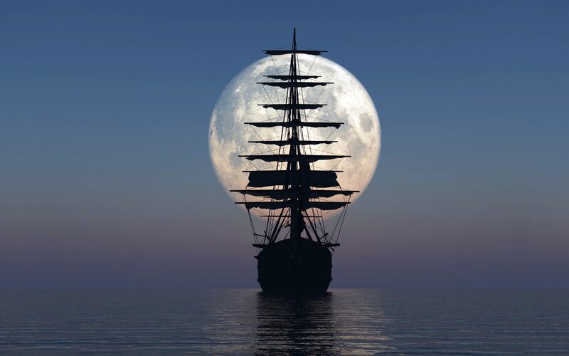 Sailboat Silhouette — Blue, Serene, Night