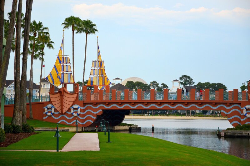 Sailboat-themed bridge at a resort