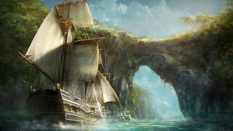 Sailboat Through Rock Arch — Green