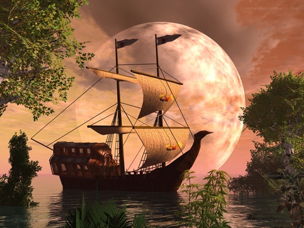 Sailboat under a giant moon