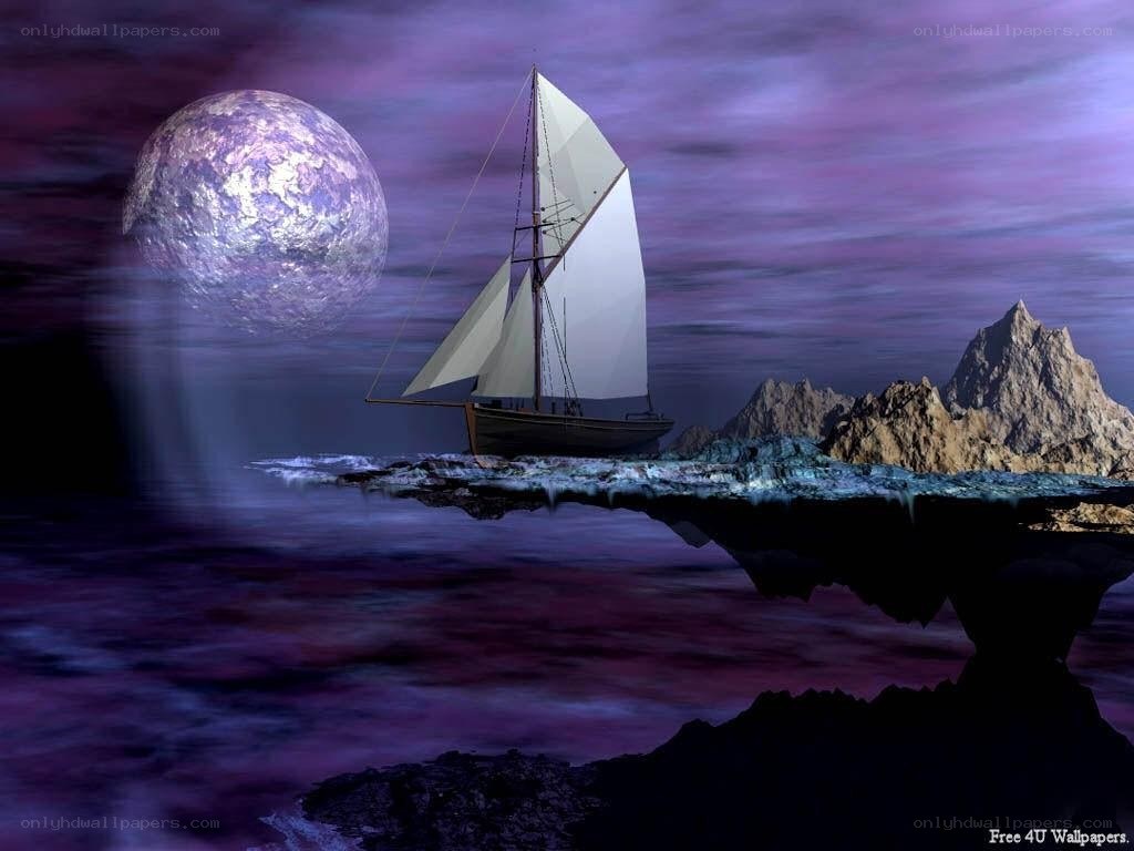Sailboat under a purple moon