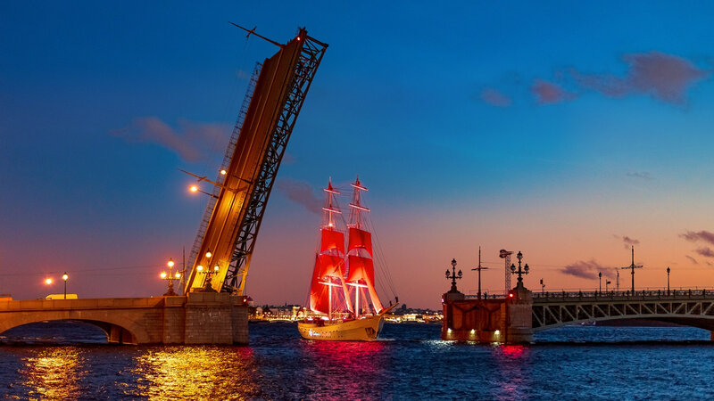 Sailboat under Bridge — Blue, Dramatic
