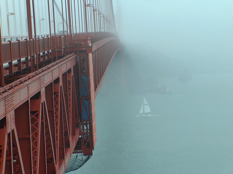 Sailboat under Bridge — Red, Misty