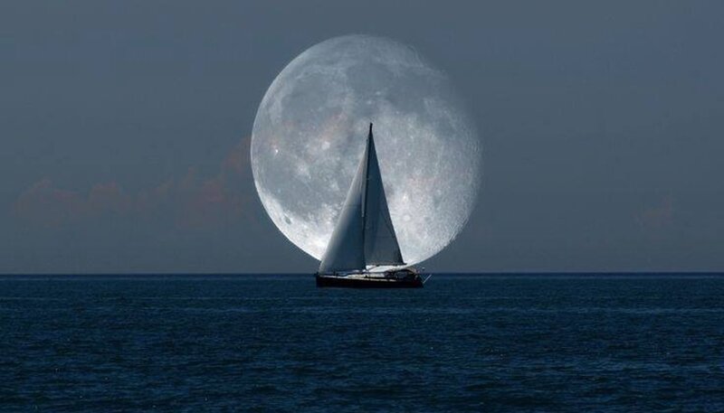 Sailboat under Full Moon — Blue, Serene, Night