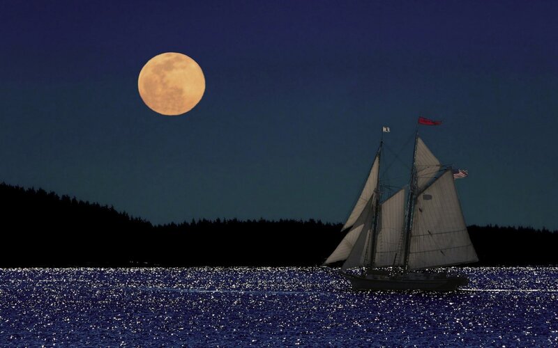 Sailboat under Full Moon — Blue, Serene