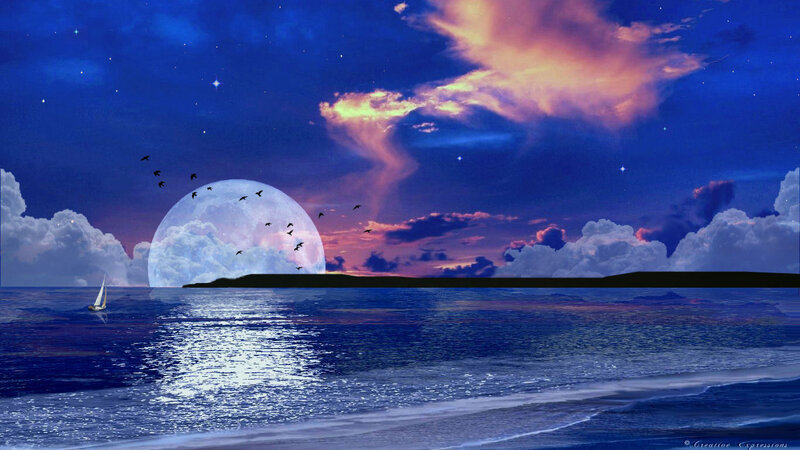 Sailboat under Full Moon — Blue