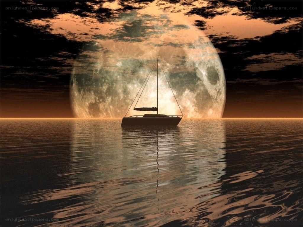 Sailboat under giant moon