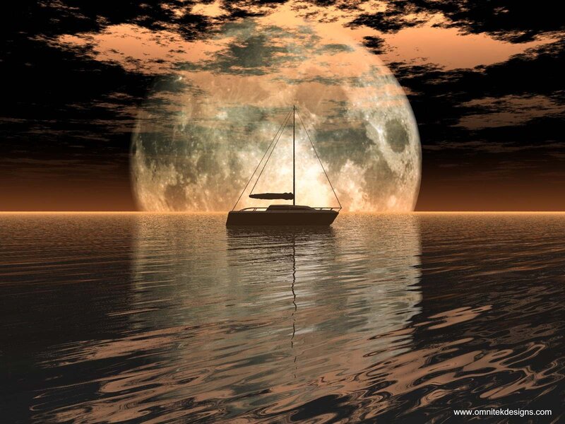Sailboat under giant moon