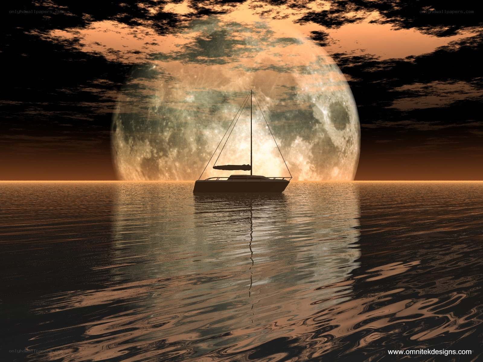 Sailboat under giant moon