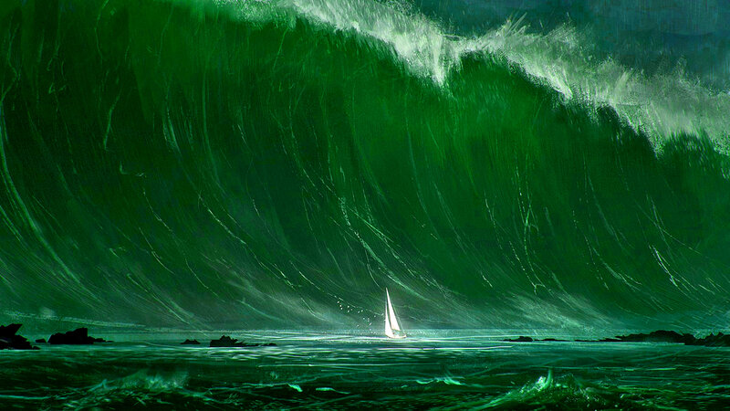 Sailboat under Giant Wave