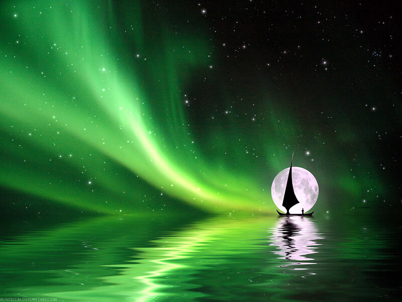 Sailboat under green aurora