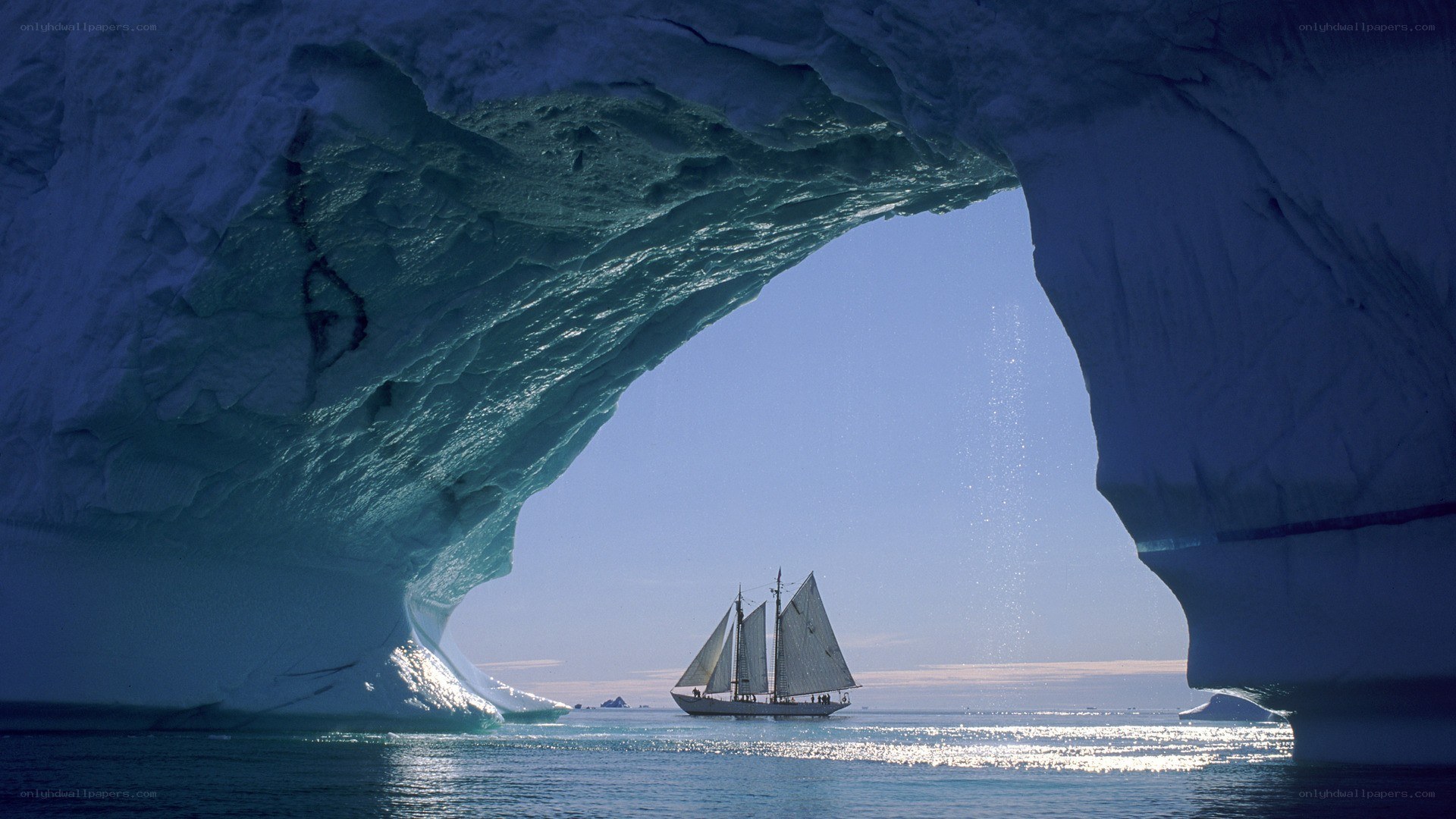 Sailboat under ice arch