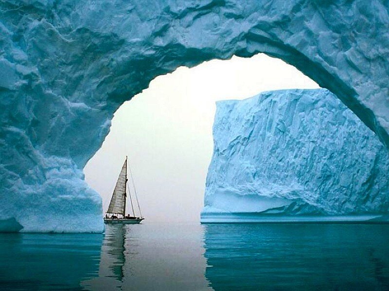 Sailboat under ice arch