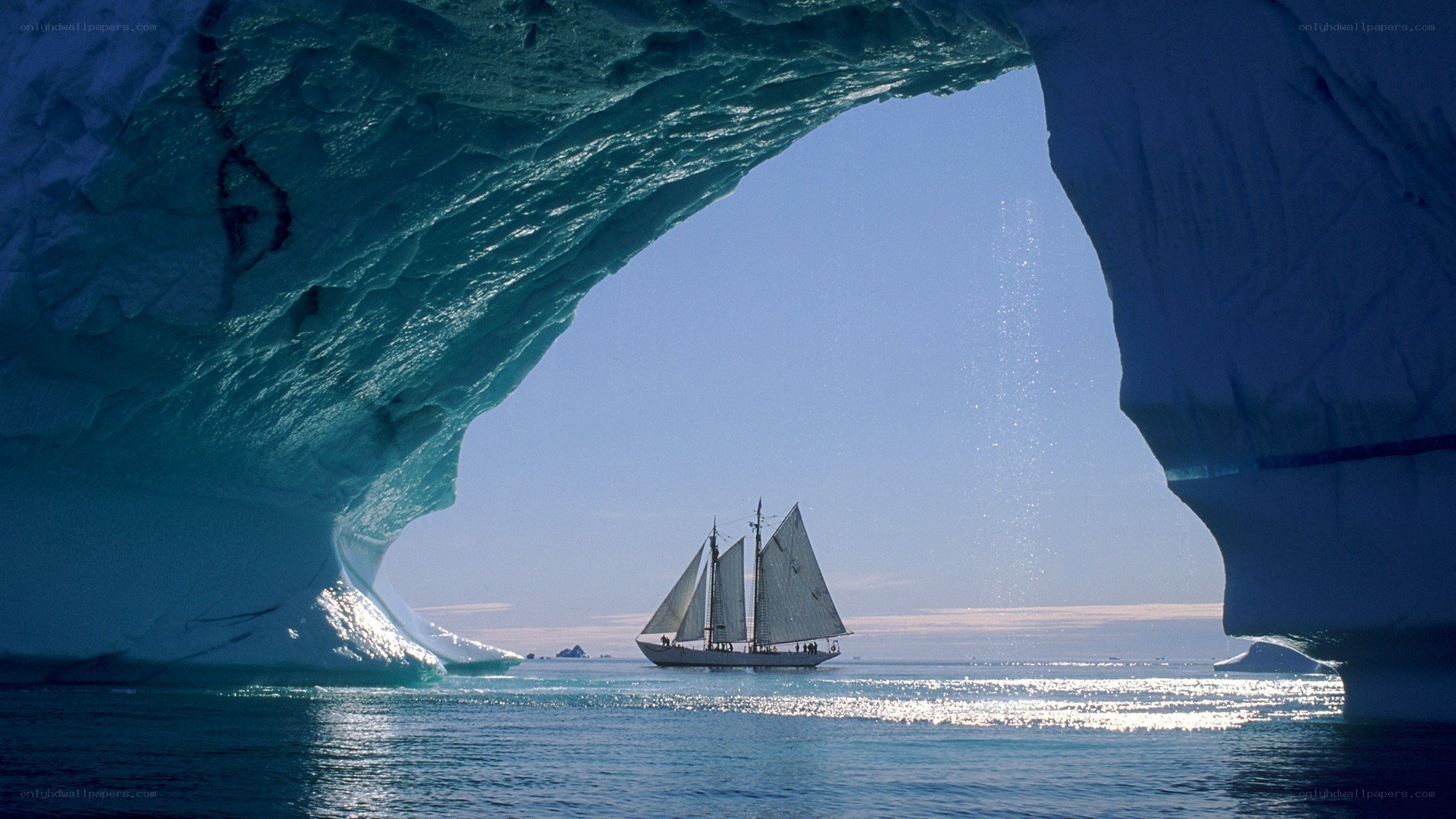 Sailboat under ice arch