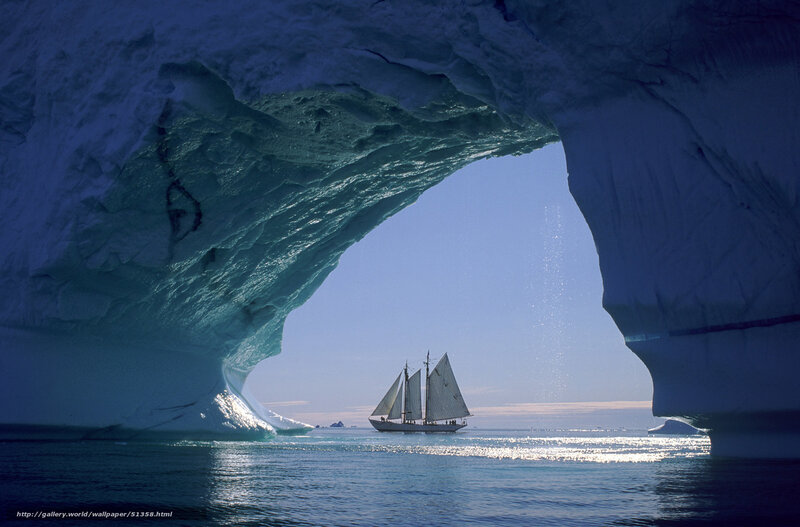 Sailboat under Ice Arch — Blue, Serene