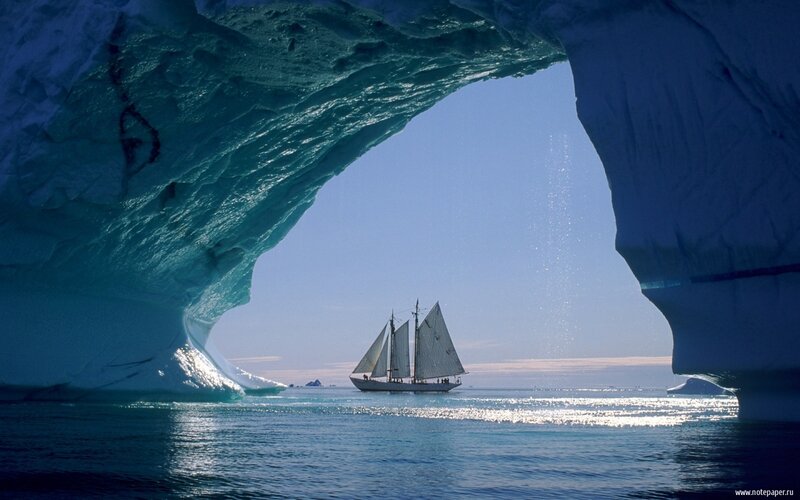 Sailboat under Iceberg Arch — Blue