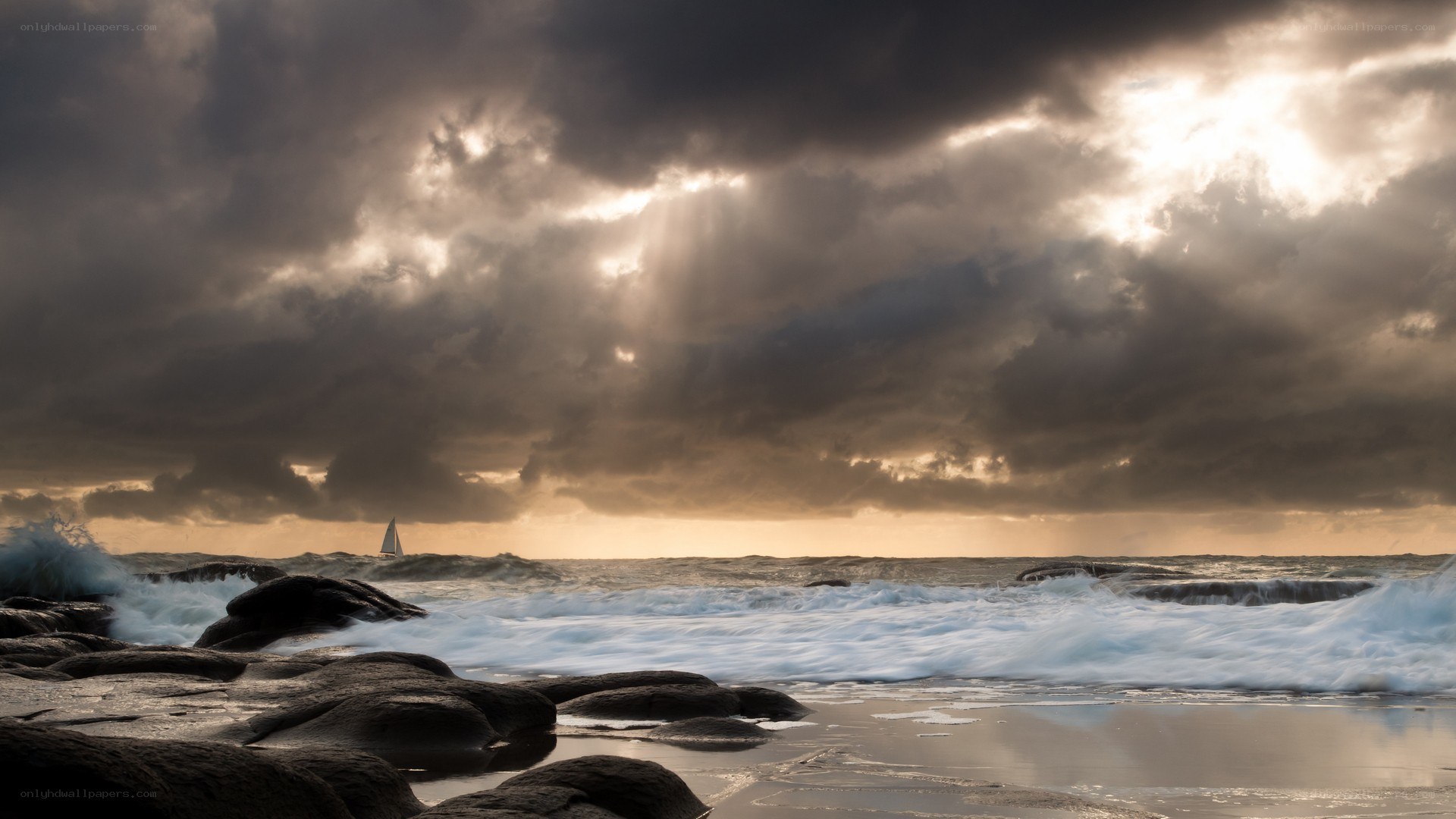 Sailboat under stormy sky