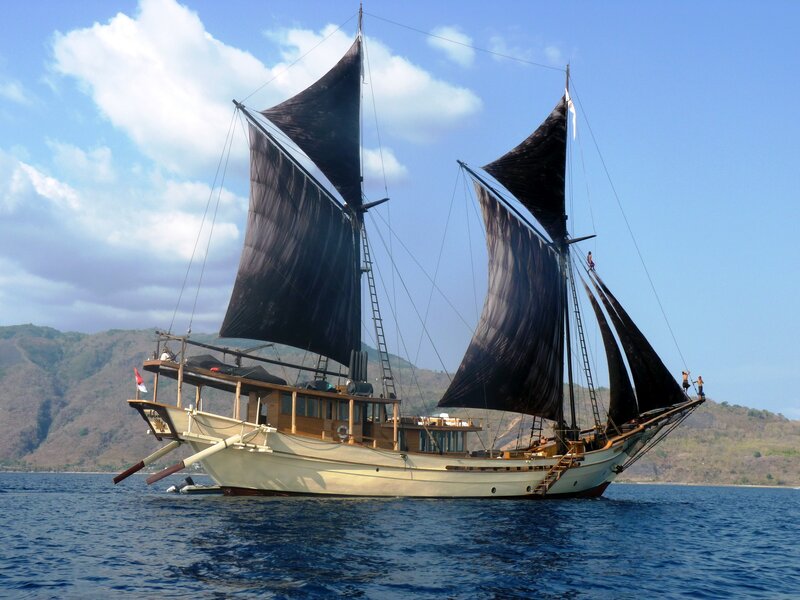 Sailboat with black sails on blue water