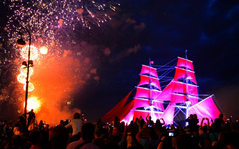 Sailboat with Fireworks — Red